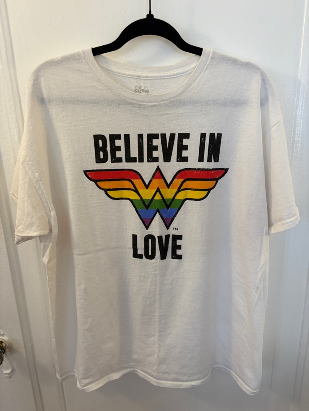 Great for Pride! Believe In Love Rainbow Logo Tee (Six Flags exclusive!)